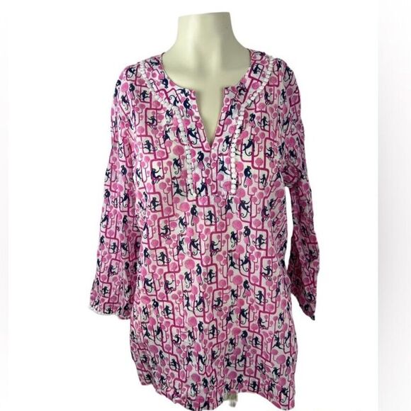 Talbots Womens Abstract Monkey Print 3/4 Sleeve V-Neck Blouse Top Pink Sz Medium - Picture 1 of 10